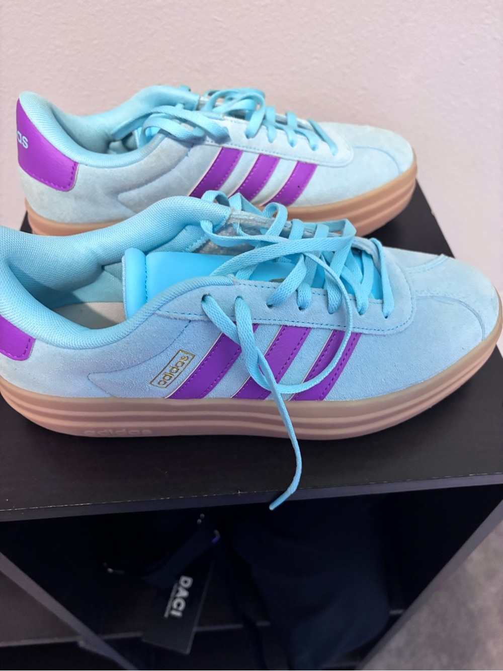 adidas Light Blue Suede Sneakers with Purple Stripes and Gum Platform